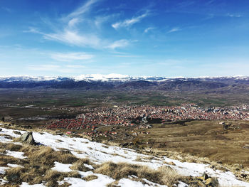 Scenic view of snowcapped field against sky