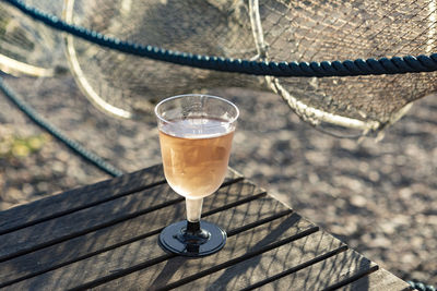 High angle view of beer glass on table