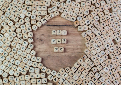 High angle view of alphabets on wooden blocks