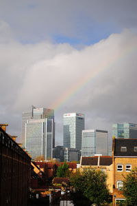 Rainbow over buildings in city against sky