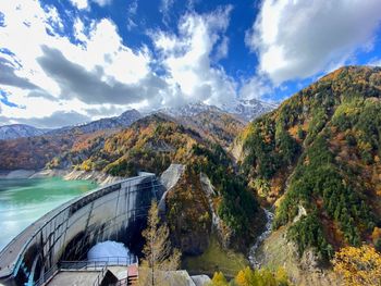 Scenic view of dam and mountains against sky