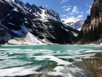 Scenic view of frozen lake against mountain range