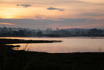 Scenic view of lake against sky during sunset