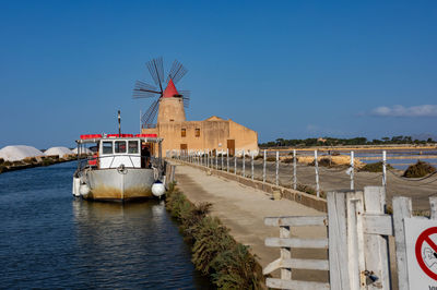 Ship in river against sky