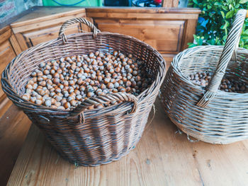 High angle view of eggs in basket on table