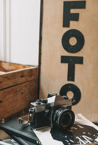 High angle view of camera on table