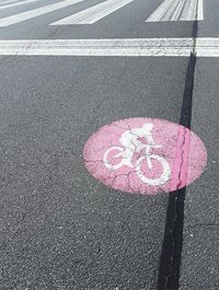 High angle view of bicycle sign on road