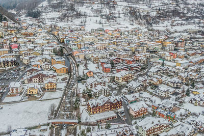 High angle view of text on street during winter