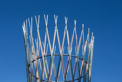 Low angle view of basketball hoop against clear blue sky