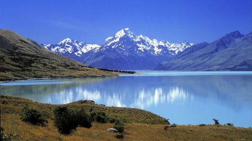 Scenic view of lake and mountains against sky