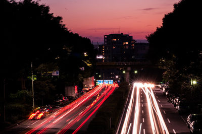 Light trails on road at night