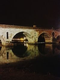 Reflection of illuminated bridge in water at night