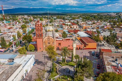 High angle view of townscape against sky