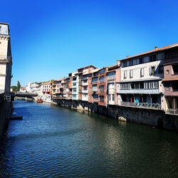 Canal amidst buildings against clear blue sky