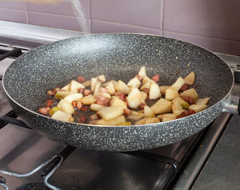 High angle view of meat in cooking pan