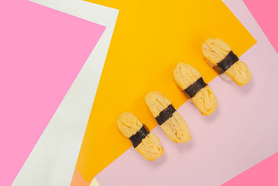 High angle view of cupcakes on table