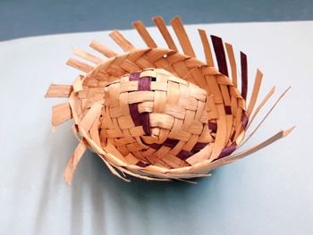 High angle view of bread in basket on table
