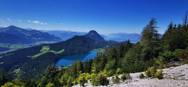 Scenic view of mountains against clear blue sky