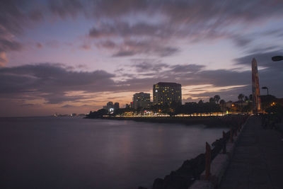 City at waterfront during sunset