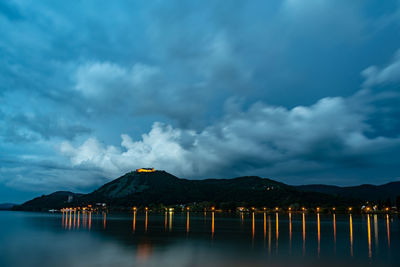 Scenic view of lake and mountains against sky