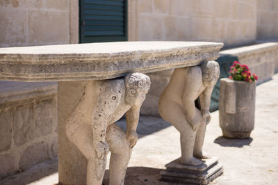 Statues against brick wall