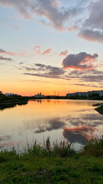 Scenic view of lake against sky during sunset