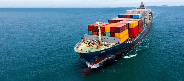 High angle view of ship in sea against sky