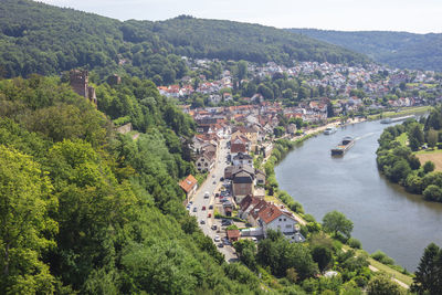 High angle view of river amidst buildings in city