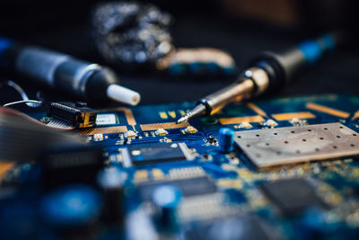 Close-up of computer parts on table