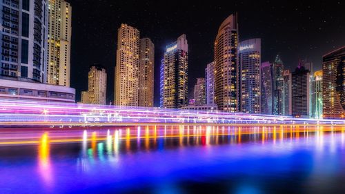 Illuminated buildings in city at night