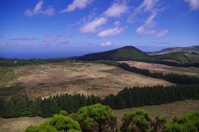 Scenic view of mountains against blue sky