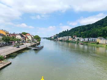 Scenic view of river by buildings against sky