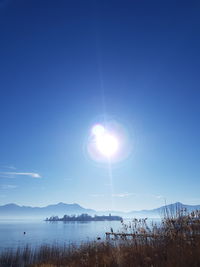 Scenic view of lake against sky on sunny day