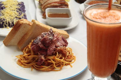 High angle view of food served on table