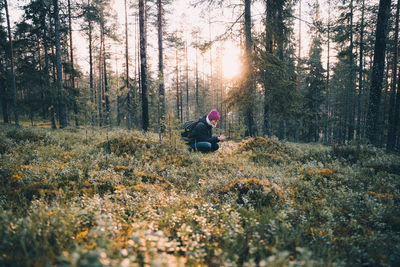 Man and plants on land in forest