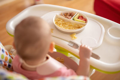 High angle view of meal served on table