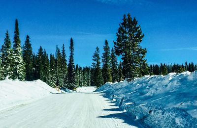 Scenic view of snow covered mountains against blue sky