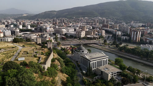 High angle view of buildings in town