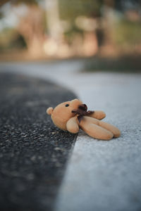 A brown teddy bear was lying on the street, toy bear was left lying on the street.