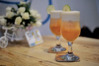 Close-up of beer in glass on table