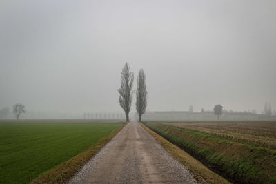 Road amidst field against sky during foggy weather