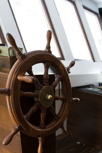 Close-up of sailboat sailing in sea