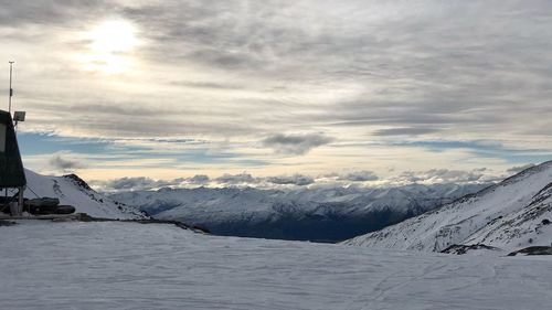 Scenic view of snow covered mountains against sky