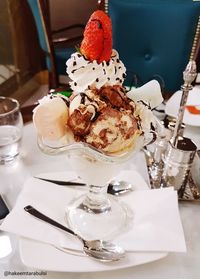 Ice cream served on table