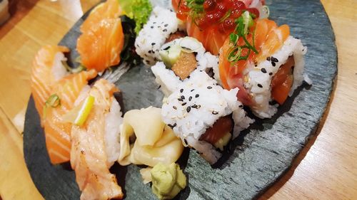 High angle view of sushi in plate