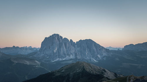 Scenic view of snowcapped mountains against clear sky during sunset