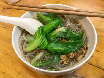 High angle view of soup in bowl on table