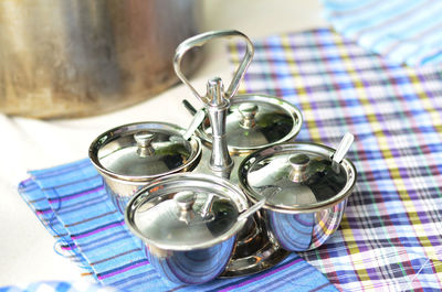 High angle view of glasses on table