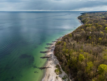 Aerial view at ballehage beach and marselisborg forest, aarhus, denmark