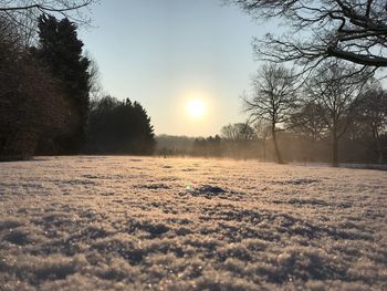 Scenic view of snow field against sky during sunset